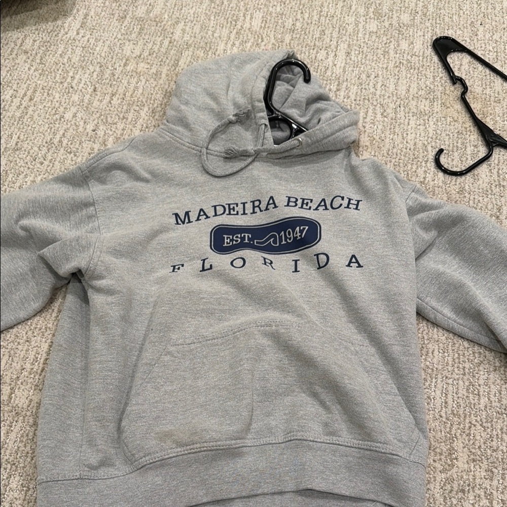 surf style Light Gray Madeira Beach Florida Hoodie with Navy Graphic